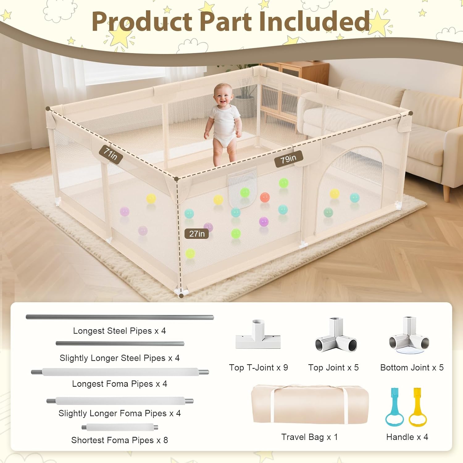 Playpen for Babies and Toddlers 79x71inch - Extra Large Baby Gate Play Pen with Soft Breathable Mesh Cover - Indoor and Outdoor Baby Playard - Portable Playpen for Babies (Apricot)